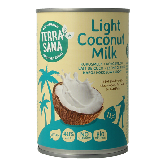 TerraSana light organic coconut milk bottle from the Sauzen en Smaakmakers category, 400ml, with label and cap visible.