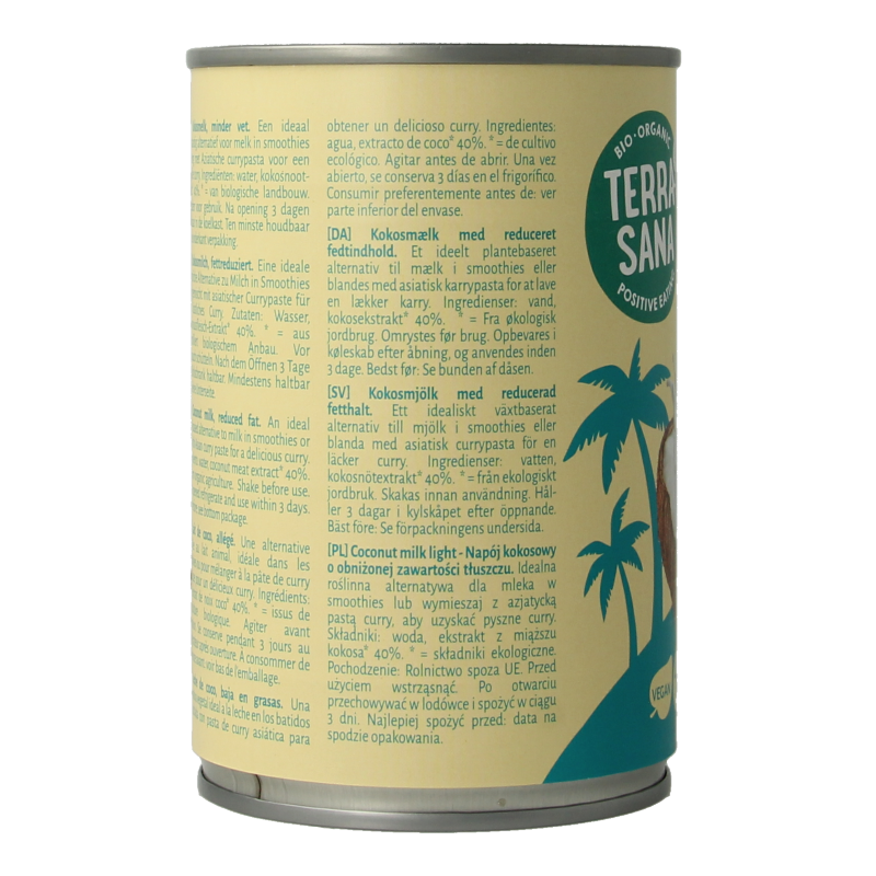 TerraSana light organic coconut milk in a 400ml carton, used for sauces and flavoring in cooking.
