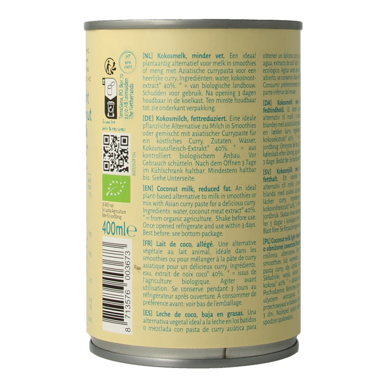 TerraSana light organic coconut milk in a 400ml bottle, suitable for sauces and flavorings, with a white liquid inside.