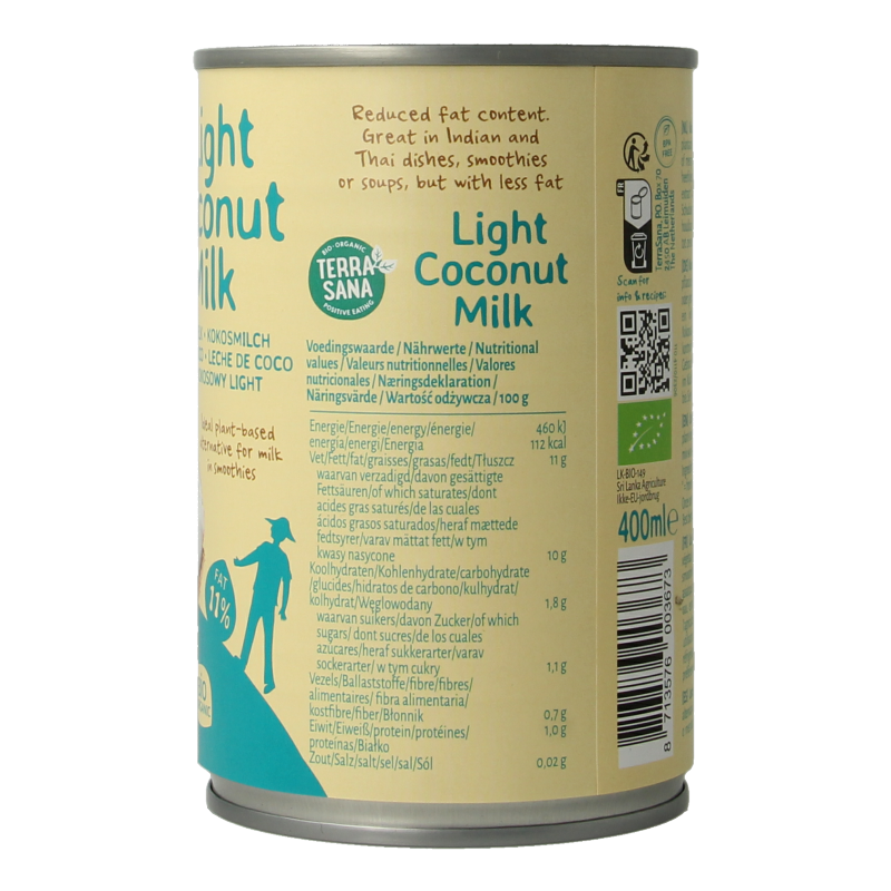 TerraSana kokosmelk light vet bio in 400ml carton, organic coconut milk for sauces and cooking, natural and vegan.