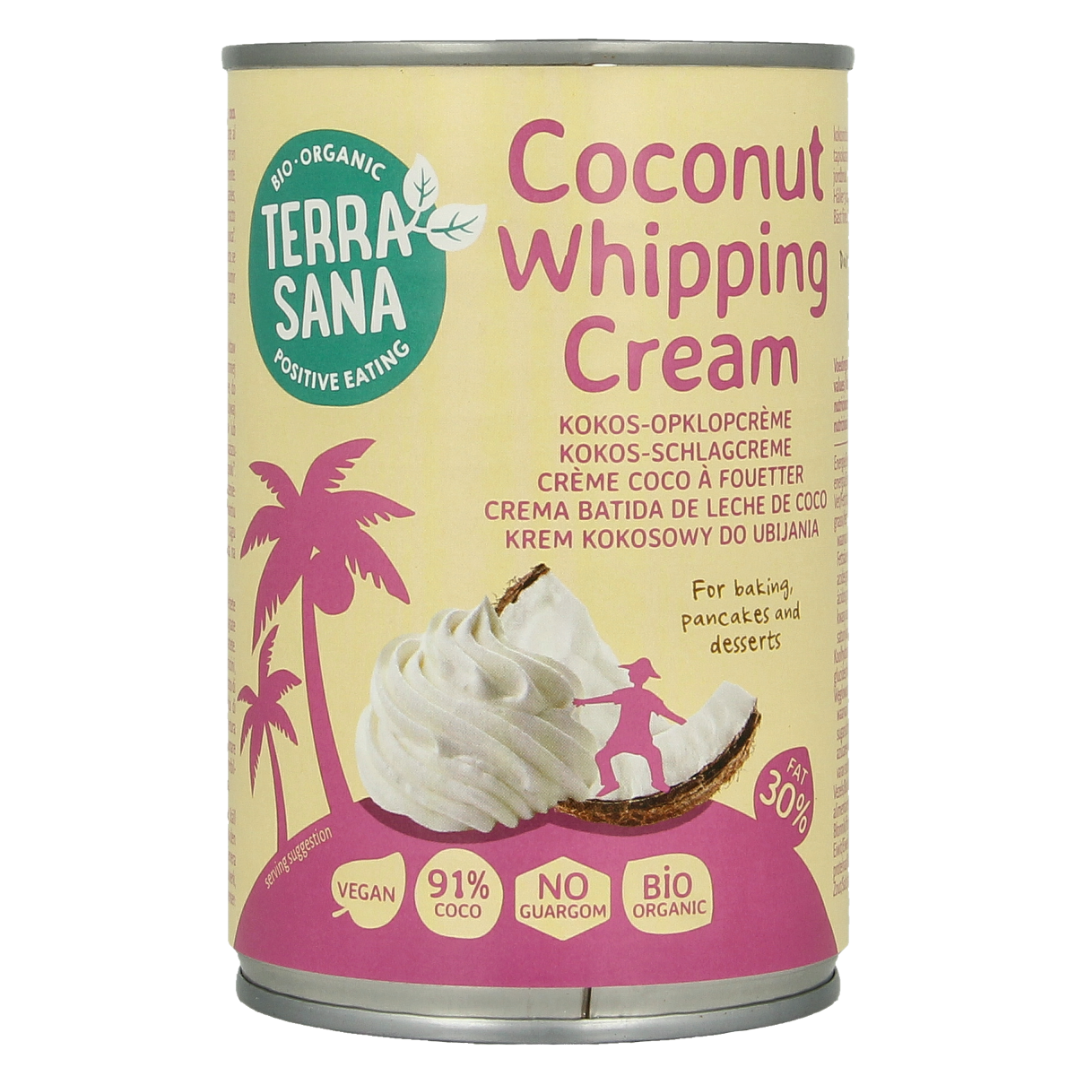 TerraSana coconut cream with 30% fat in a 400ml container, ideal for sauces and flavoring, organic and dairy-free.