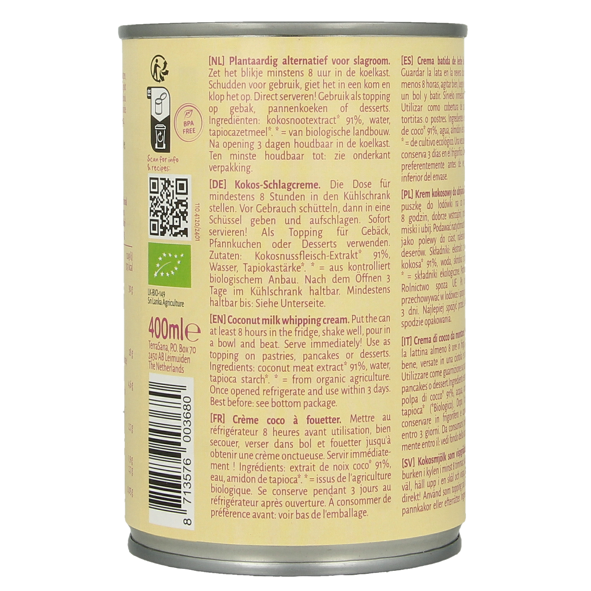 Creamy TerraSana Kokosmelk slagroom with 30% fat, bio, 400ml, ideal for sauces and cooking, natural coconut flavor.