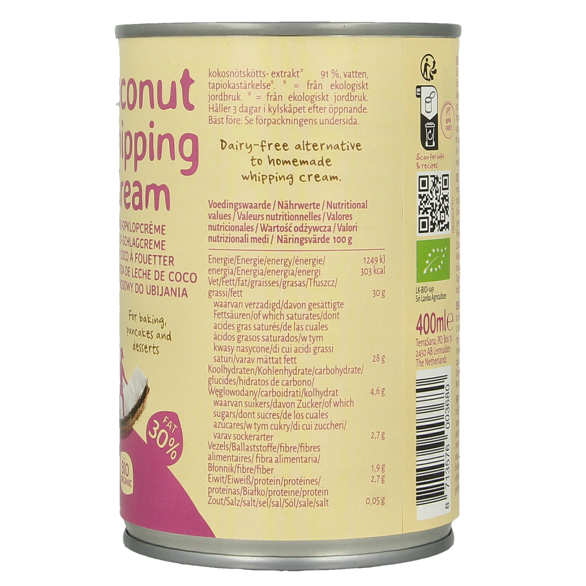 Cream of TerraSana Kokosmelk slagroom with 30% fat, organic coconut milk sauce in a 400ml container.