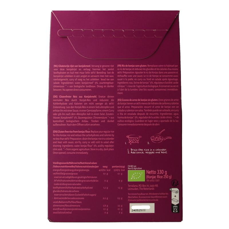 Organic TerraSana Konjac rice in 250g package, showcasing the healthy gluten-free pasta and rice product from TerraSana.