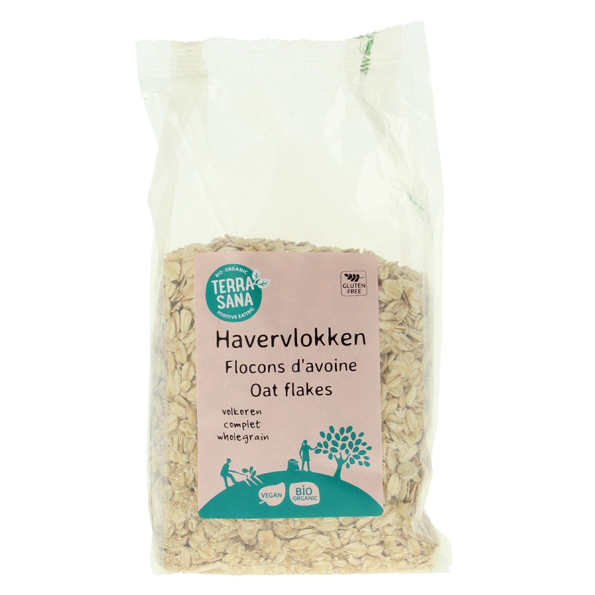 Gluten-free organic oatmeal flakes by TerraSana for breakfast, 450 grams, shown in a clear package image.