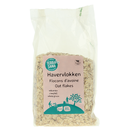 Gluten-free organic oatmeal flakes by TerraSana for breakfast, 450 grams, shown in a clear package image.