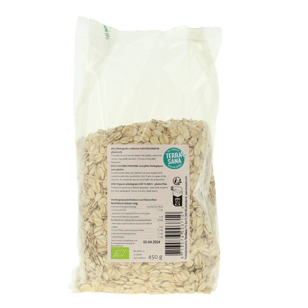 Gluten-free organic oat flakes from TerraSana in a 450g package, ideal for healthy breakfast cereals.