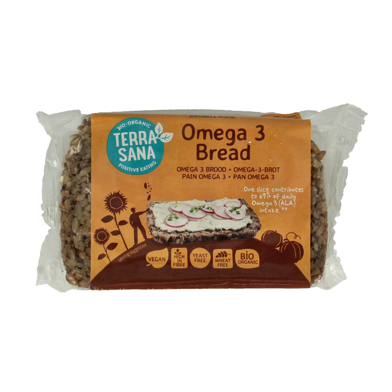 TerraSana Omega 3 bio brood and crackers, 300 grams, featuring whole grain slices and crispy crackers on a wooden surface.