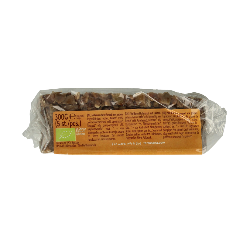 TerraSana Omega 3 bio bread and crackers, 300g, crisp whole grain slices with visible seeds and crunchy texture.