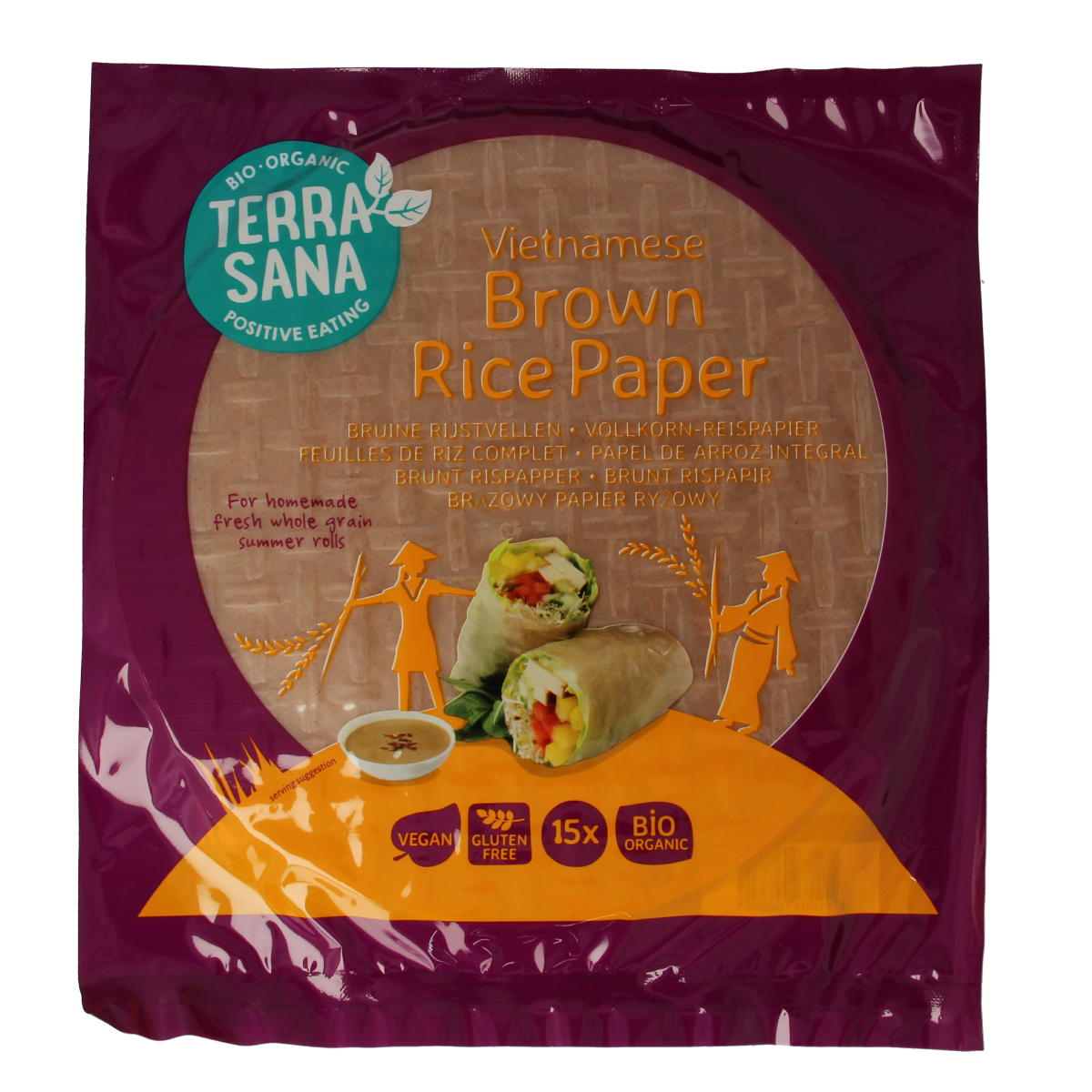 TerraSana Vietnamese brown rice paper sheets for spring rolls, organic and 150 grams, shown stacked on a white background.
