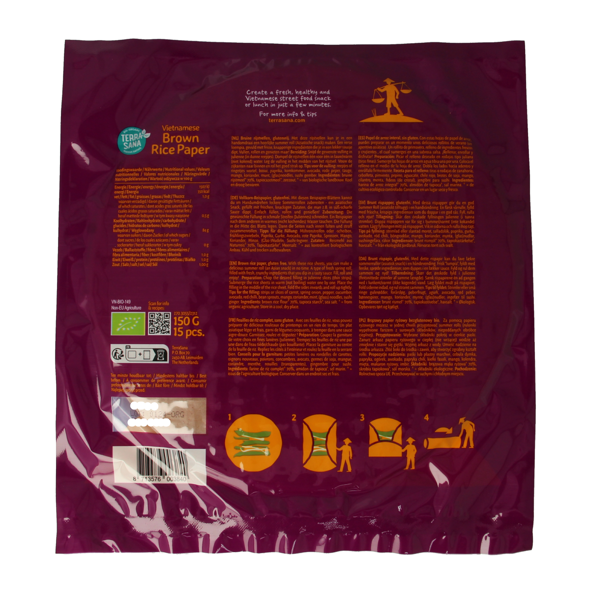 TerraSana Vietnamese brown rice paper sheets for spring rolls, 150g, natural and organic rice-based pasta and rice product.