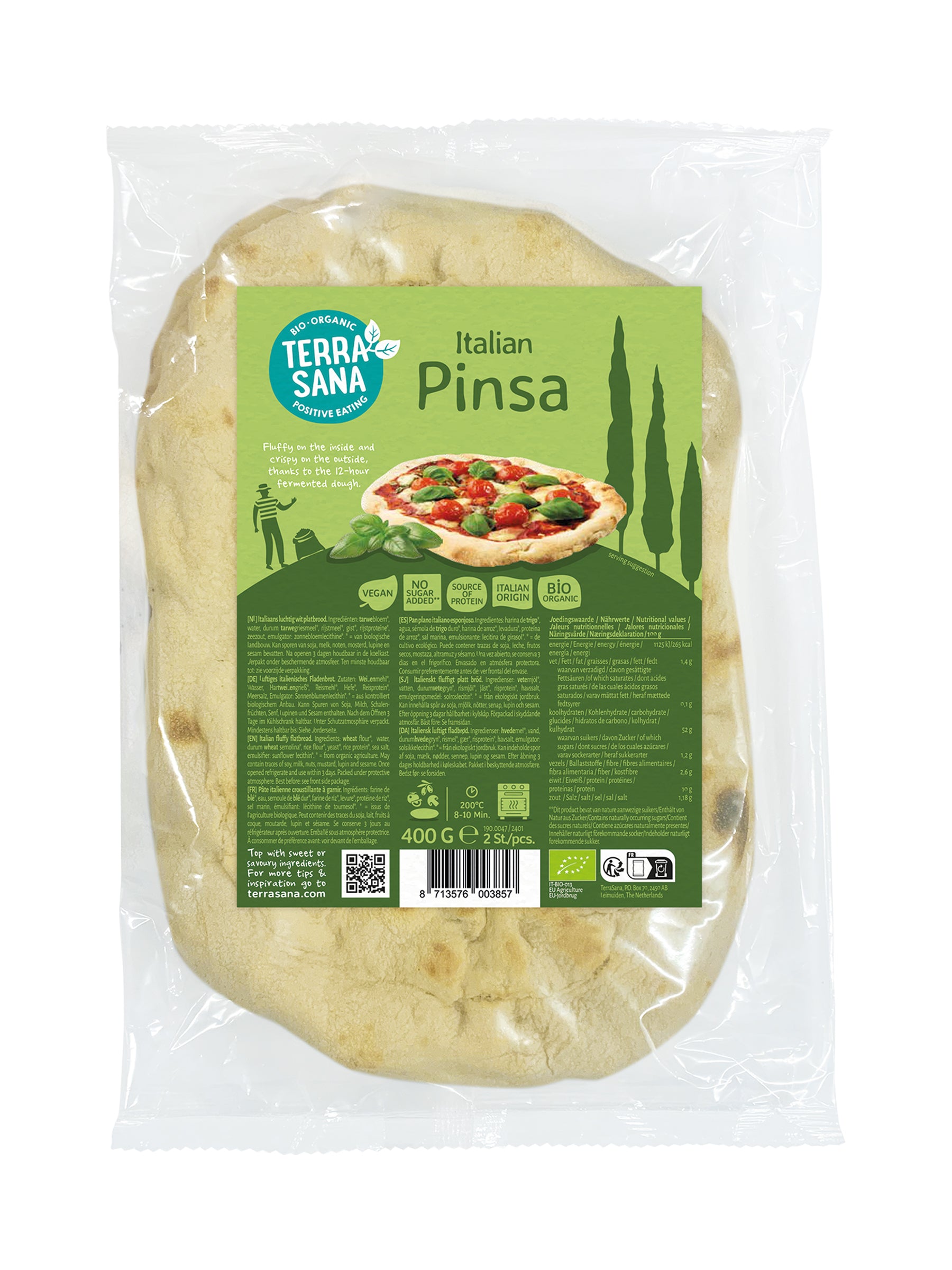 TerraSana Pinsa bio 400g, organic bread and crackers with a rustic appearance and crispy texture.