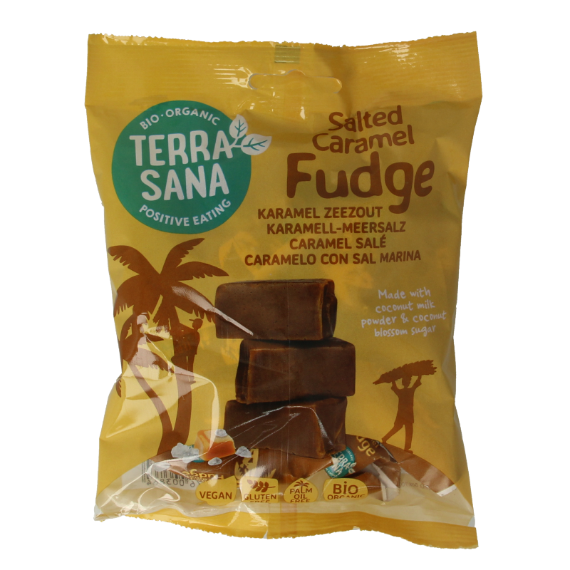 TerraSana Fudge karamel zeezout bio, a 150g package of organic caramel and sea salt fudge, shown in the image.