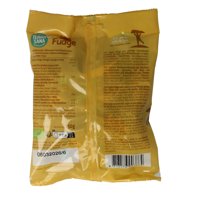 TerraSana organic caramel sea salt fudge in 150g package, showing creamy fudge with sea salt crystals on top.