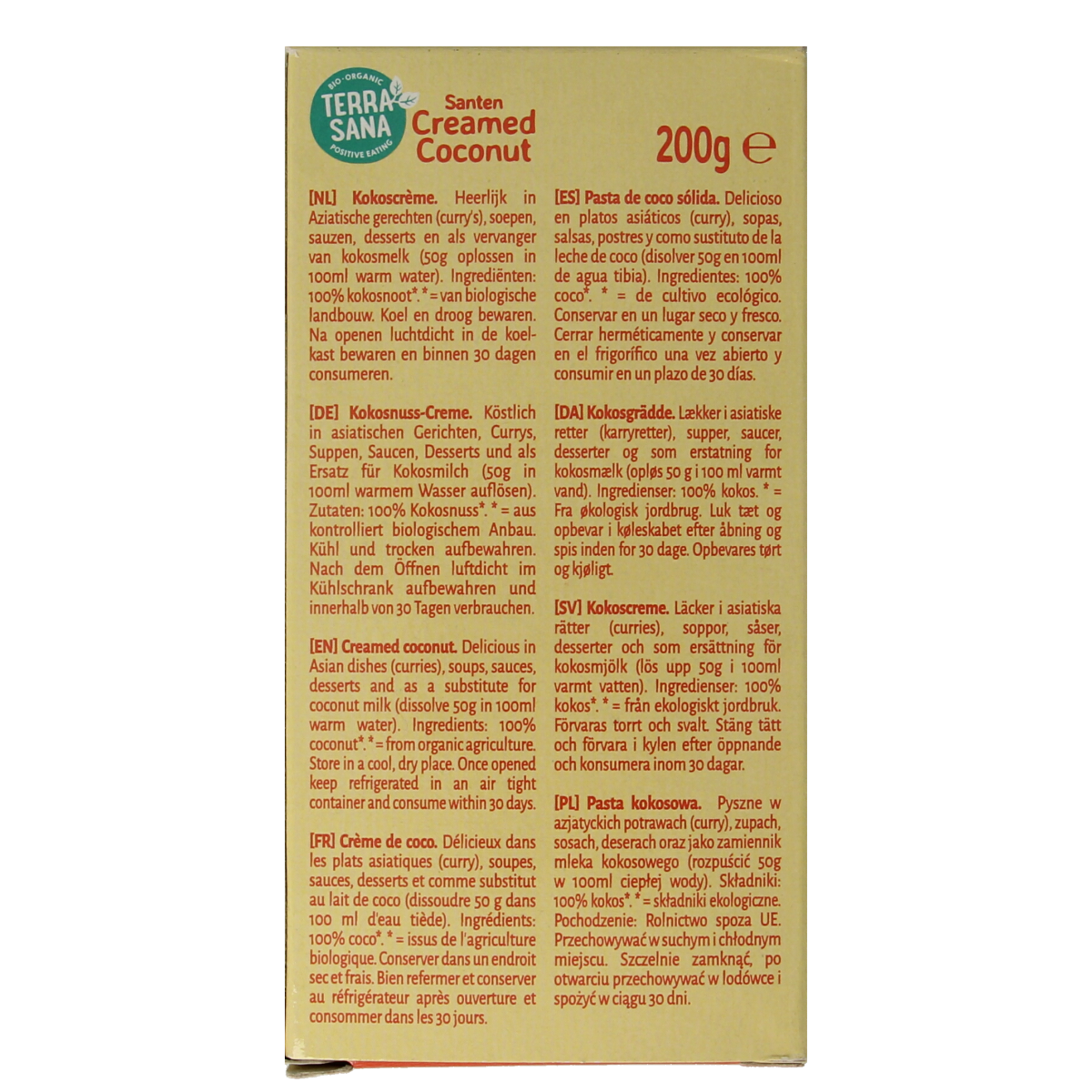TerraSana Santen coconut creamed bio sauce jar, 200g, natural organic condiment, with a white label and coconut imagery.