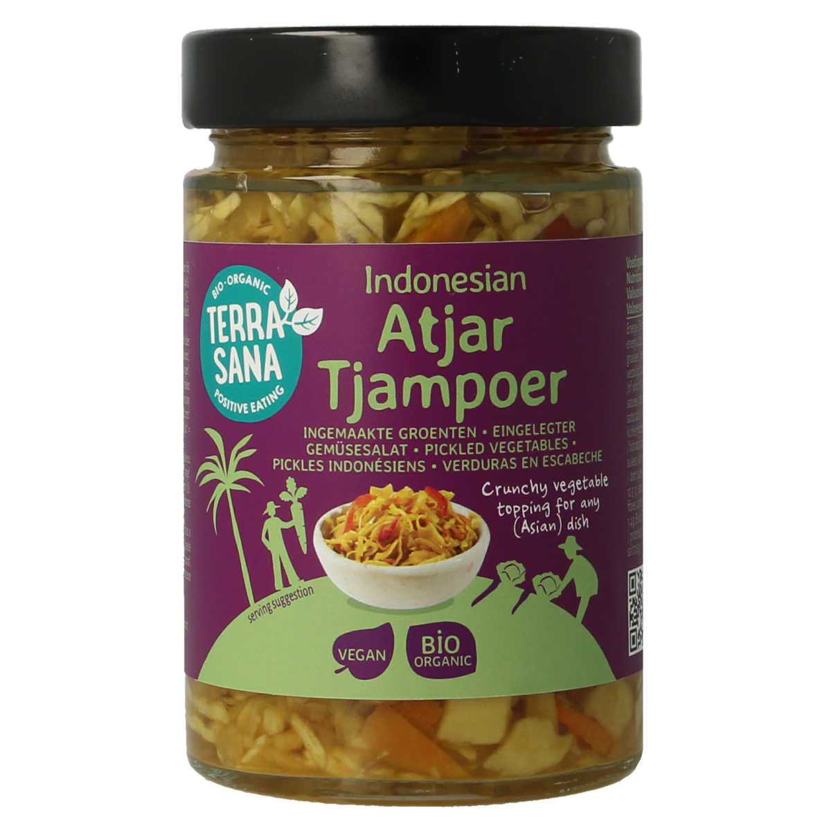 TerraSana Indonesische atjar tjampoer bio sauzen en smaakmakers in 300g jar, featuring a colorful label and jar lid.
