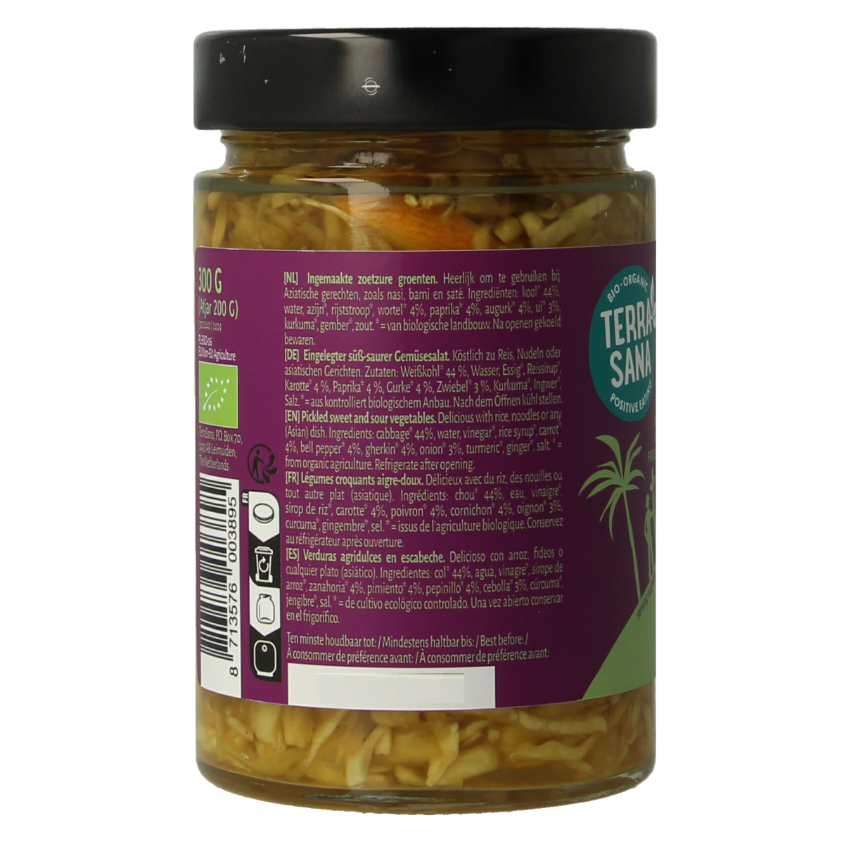 TerraSana Indonesische atjar tjampoer in 300g jar, organic Indonesian pickled vegetable sauce, with fresh vegetables and spices.