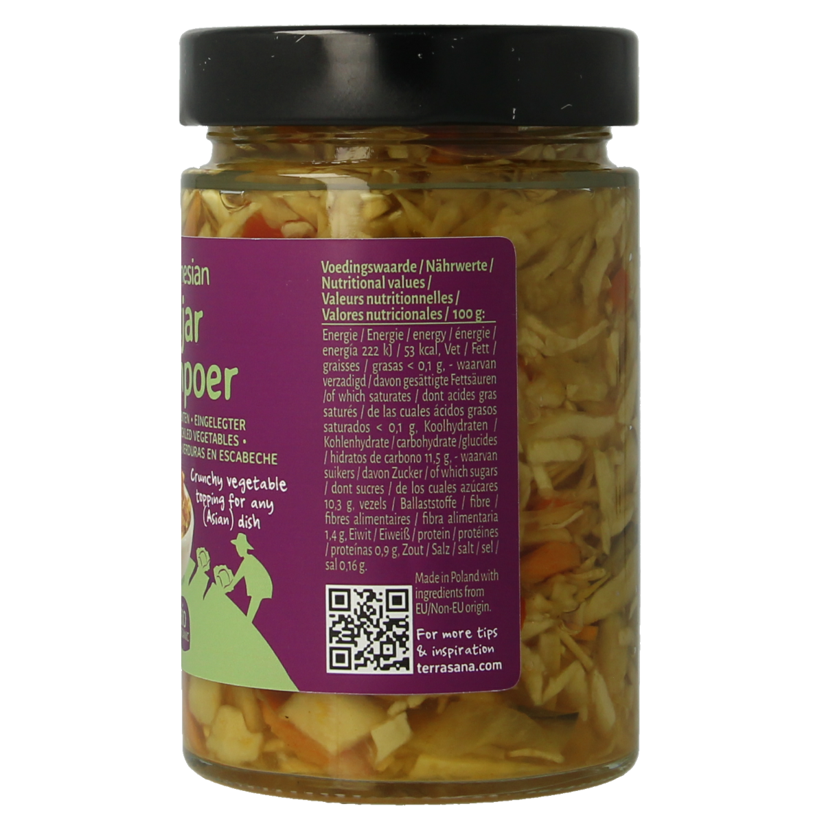 TerraSana Indonesische atjar tjampoer bio in 300g jar, showcasing the sauzen en smaakmakers product with fresh ingredients.