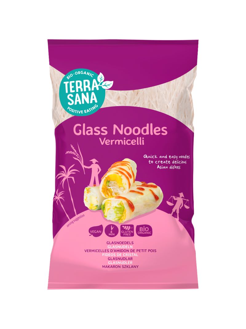 Organic TerraSana Glasnoedels pasta and rice in a 200g package, showing the gluten-free, natural noodles.