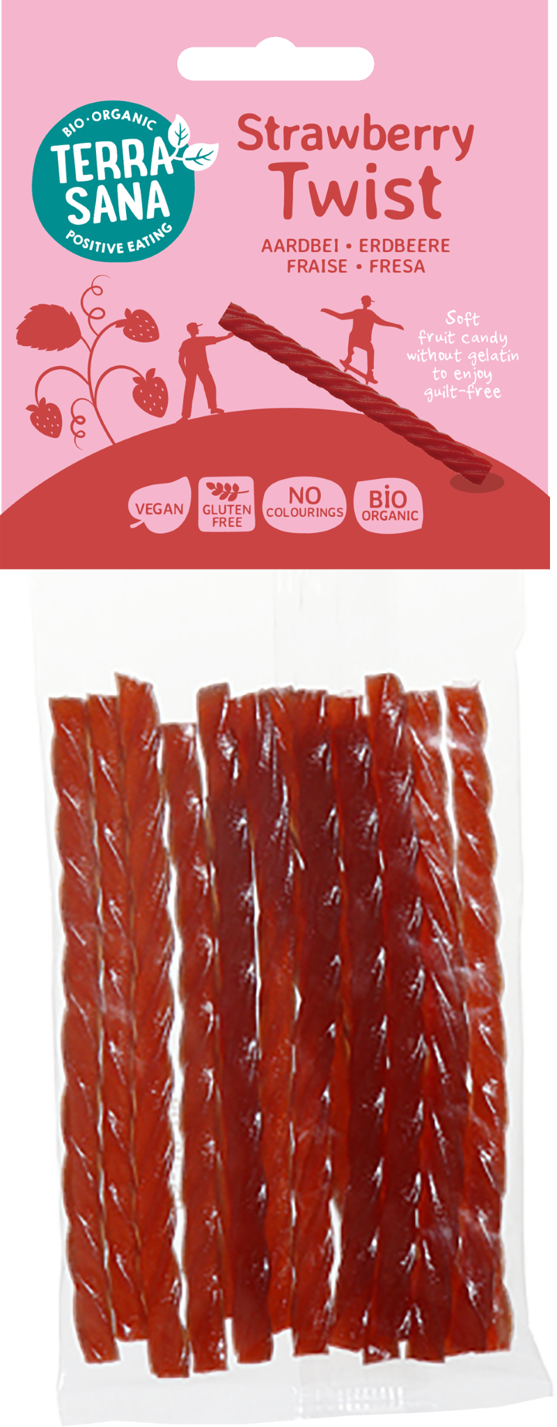 TerraSana Aardbei kabels twists bio snoepgoed with pink strawberry flavor, shown in the 75 gram package.