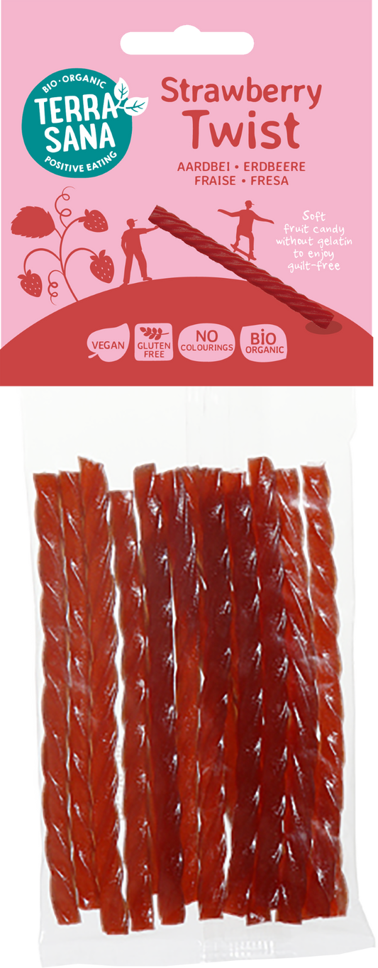 TerraSana Aardbei kabels twists bio snoepgoed with pink strawberry flavor, shown in the 75 gram package.