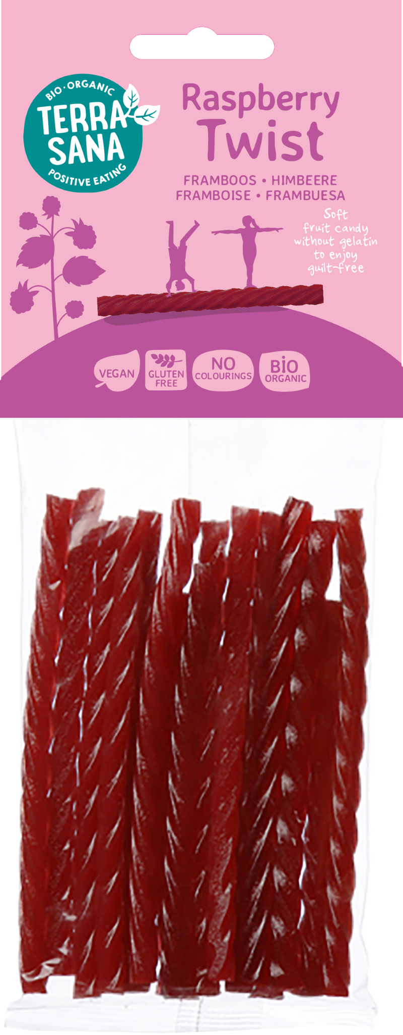 TerraSana Framboos Kabels Twists bio, 75g, organic raspberry-flavored chewy candy in colorful twisted strands.