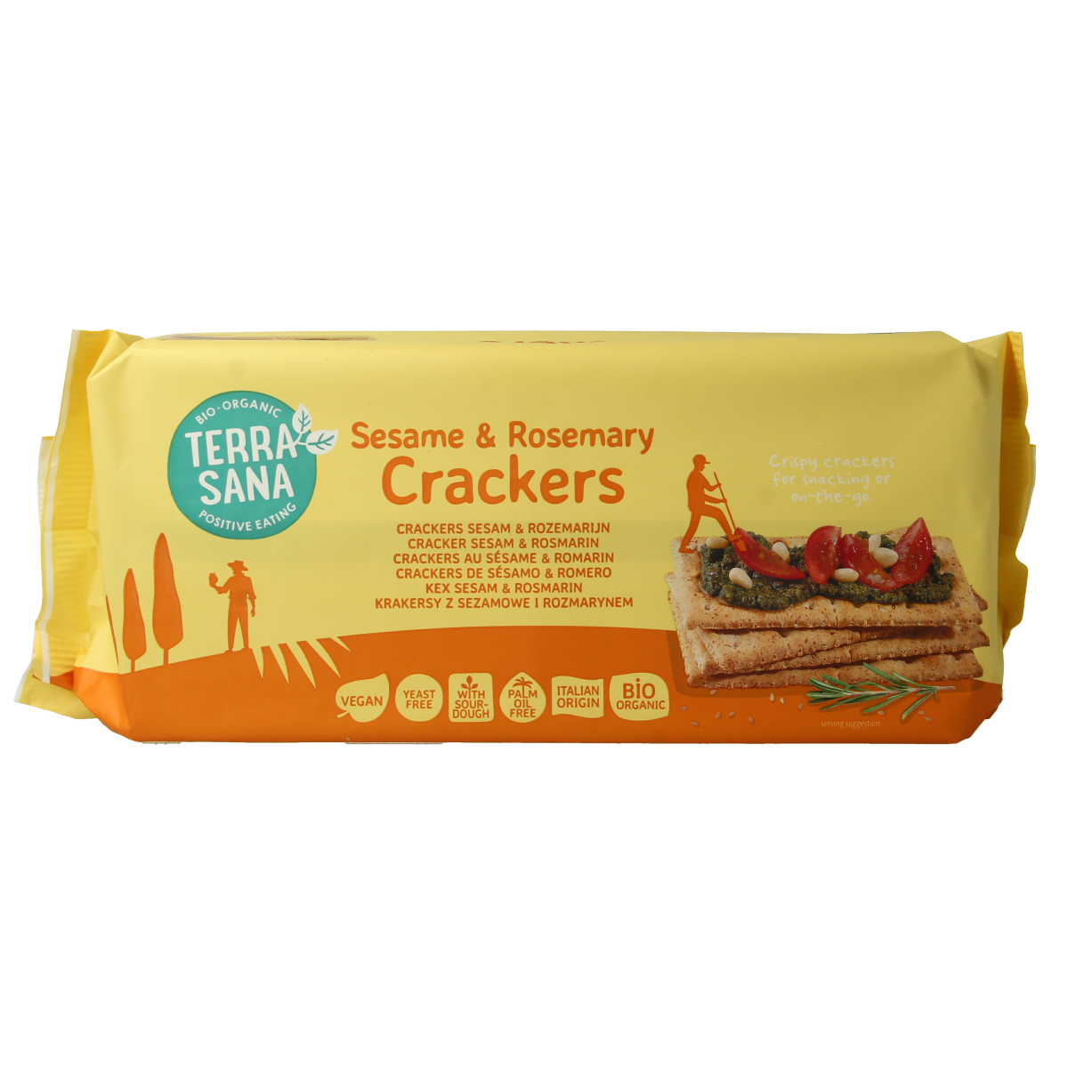TerraSana organic sesame and rosemary crackers on a wooden surface, 250g, showing crispy texture and seed topping.