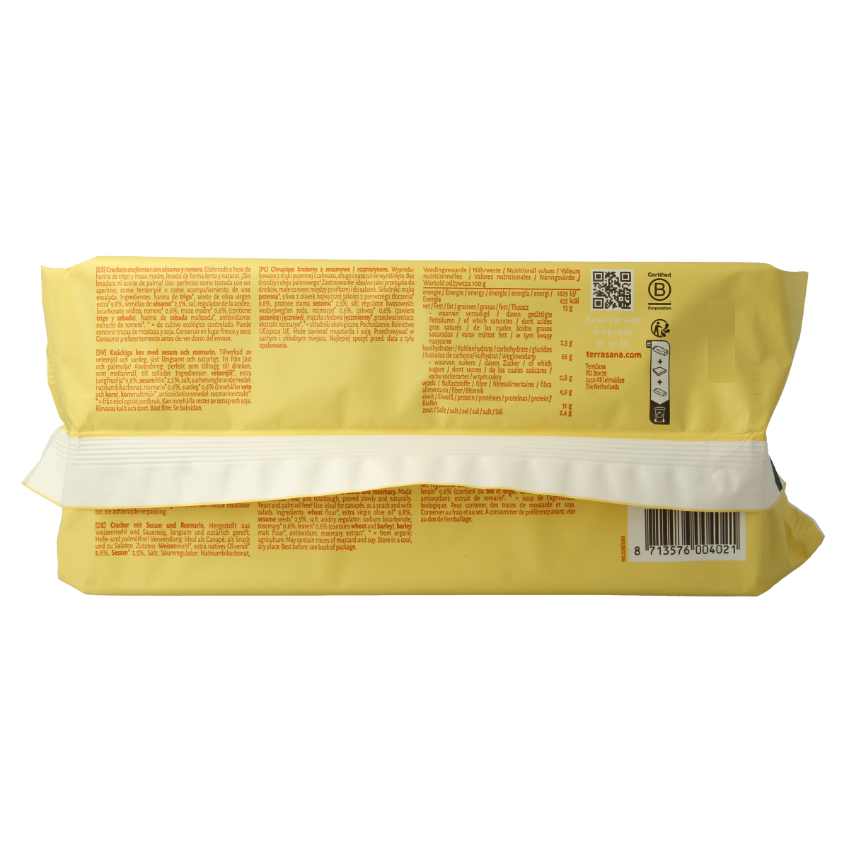 TerraSana Sesam & Rozemarijn organic crackers in 250g package, featuring sesame seeds and rosemary on a crispy cracker.