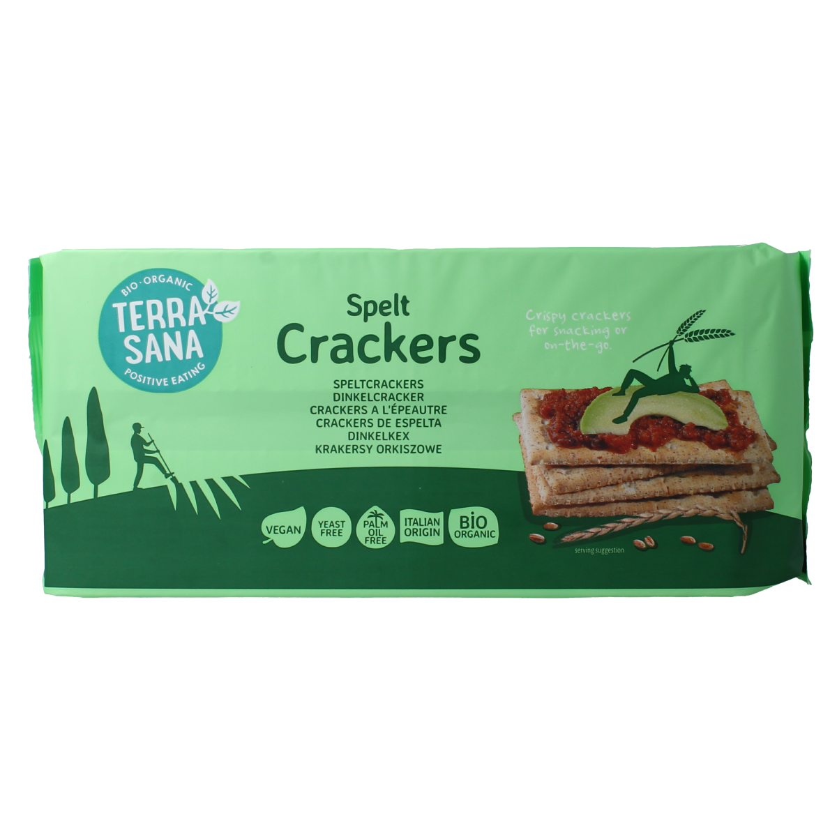 TerraSana spelt crackers in a 250g package, crispy, whole grain crackers with a natural, golden-brown appearance.