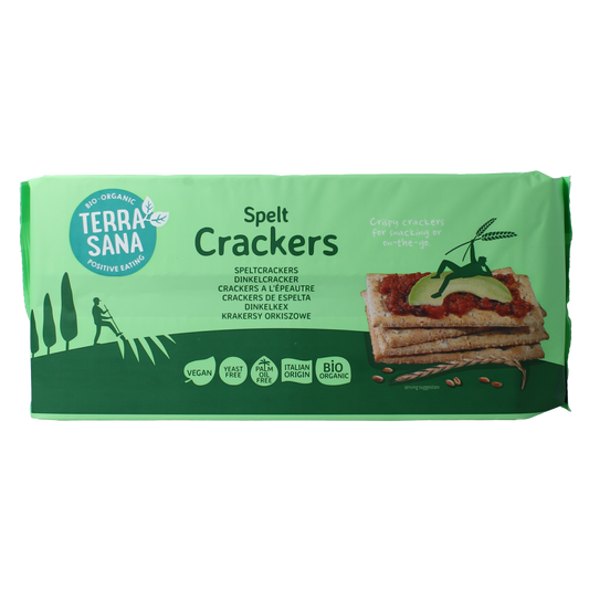 TerraSana spelt crackers in a 250g package, crispy, whole grain crackers with a natural, golden-brown appearance.