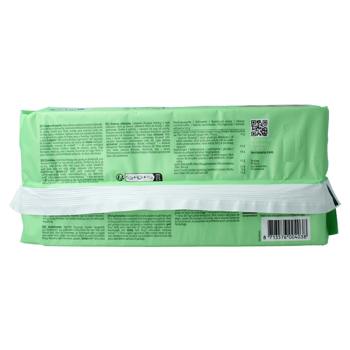TerraSana spelt bio crackers in a clear package, 250 grams, showing the crispy crackers with whole spelt grains.