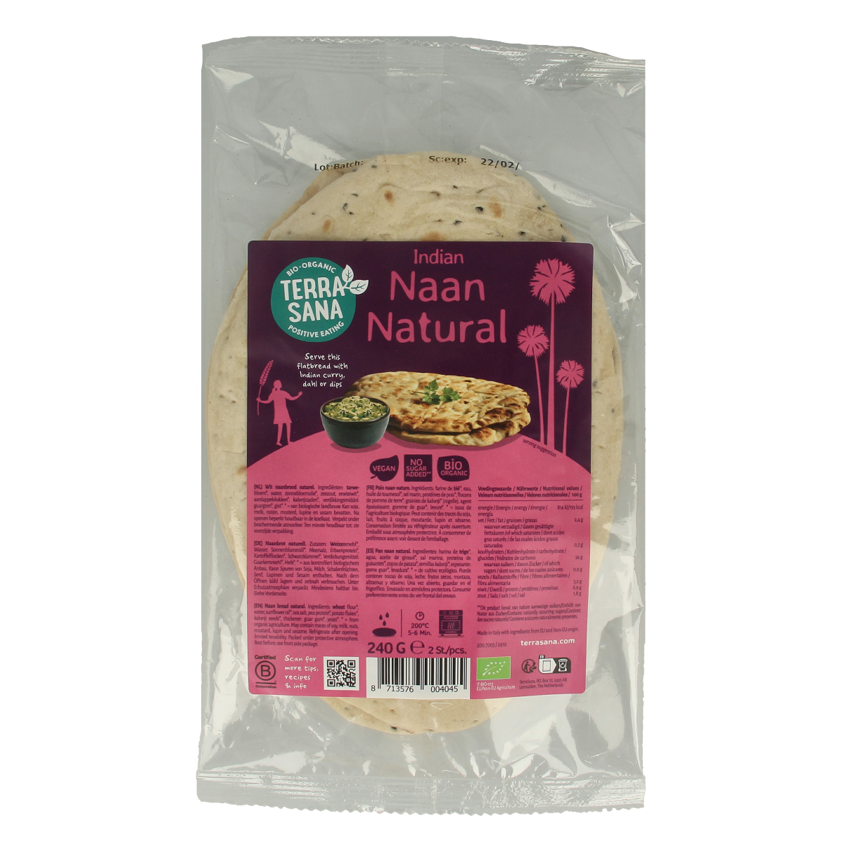 TerraSana Naan naturel bio, 240g, organic bread with a golden-brown crust and soft interior, ideal for snacking or meals.