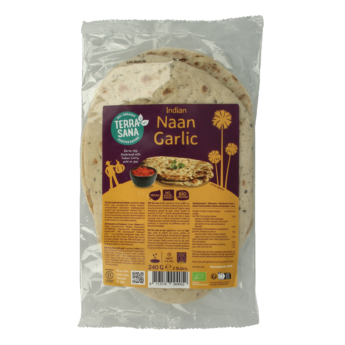 TerraSana organic garlic naan bread in 240g package, showing golden baked garlic naan with textured surface and fresh garlic topping.