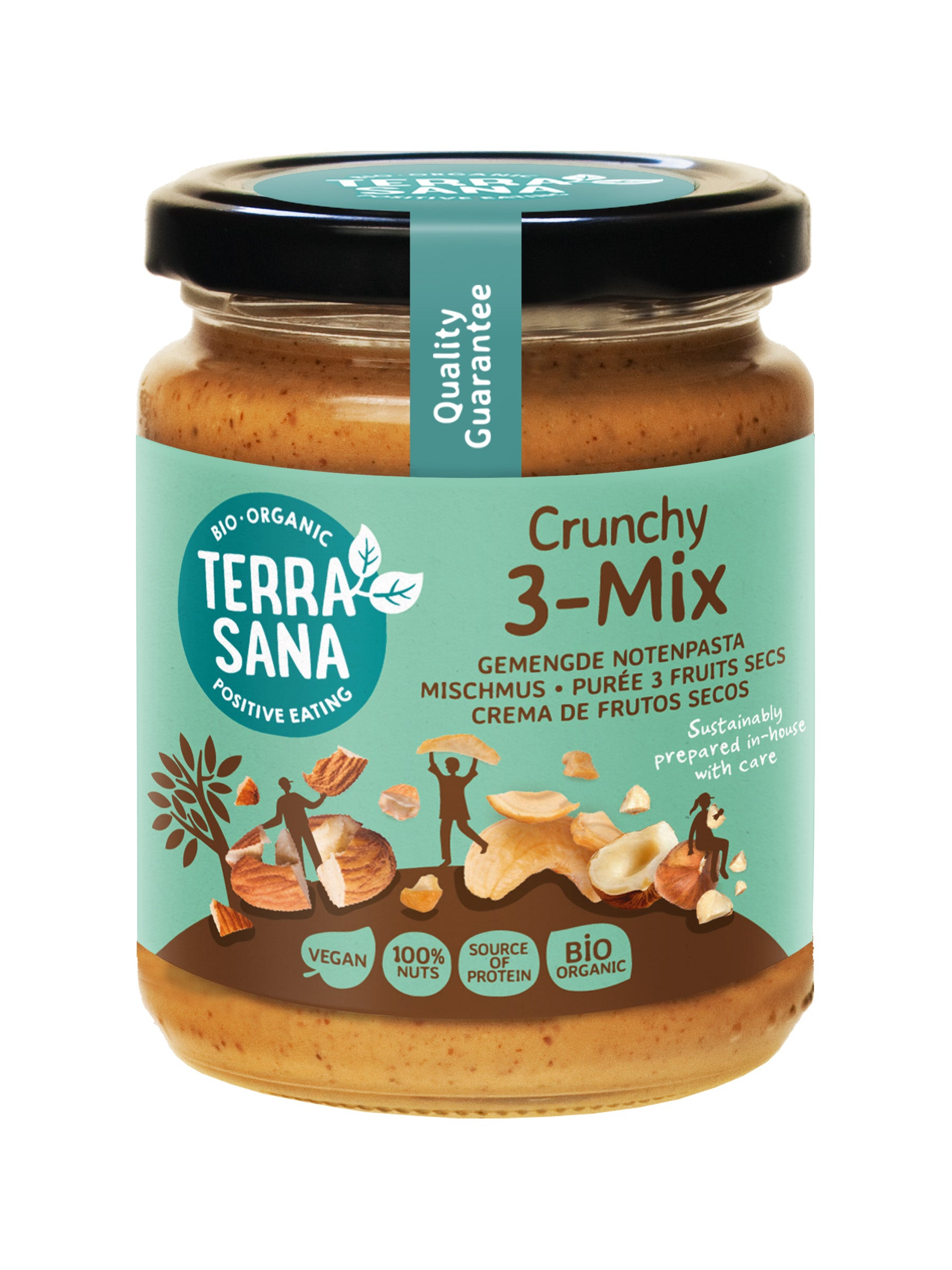 TerraSana 3-Mix crunchy bio notenpasta spread on bread, 250g, with mixed nuts visible in the crunchy texture.