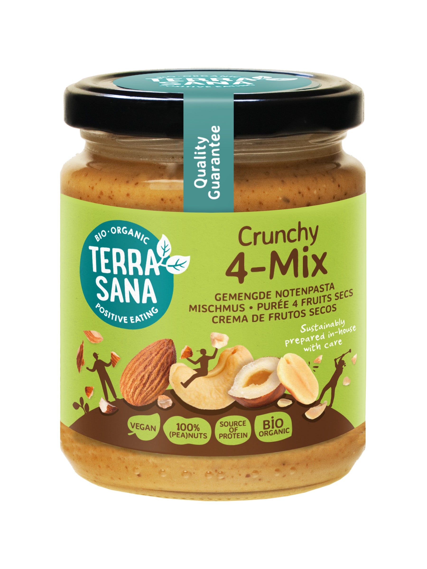 TerraSana 4-Mix crunchy organic nut spread on whole grain bread slice, close-up of textured, golden-brown topping on bread.