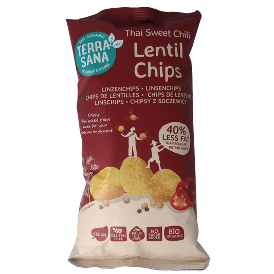 TerraSana Linzenchips sweet chili bio, 75g, crispy vegan lentil chips with spicy sweet chili flavor, in colorful packaging