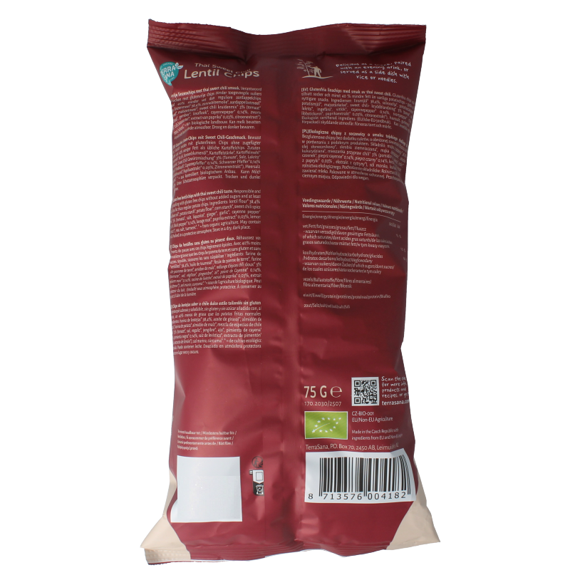 TerraSana Linzenchips sweet chili bio, 75g, crispy lentil chips with sweet chili flavor in a bright package.