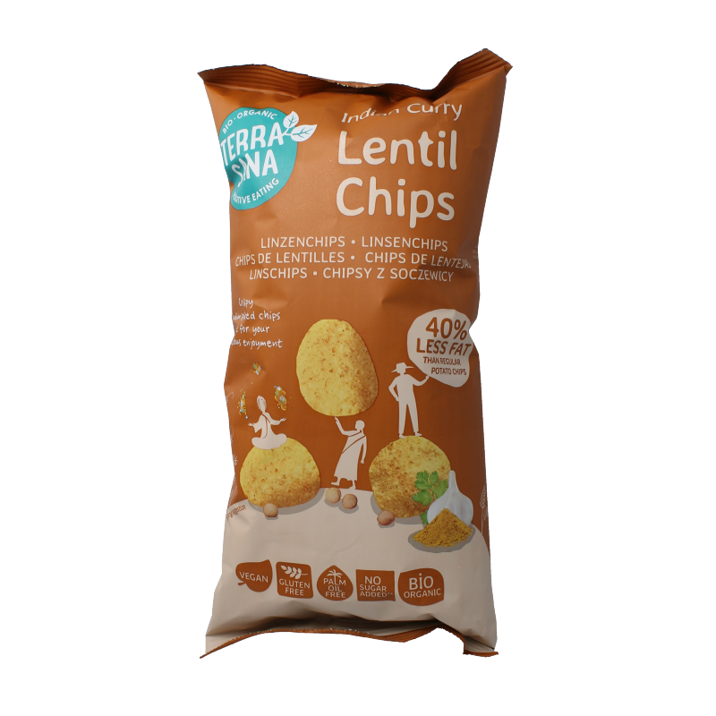 TerraSana Linzenchips Indian curry bio in 75g bag, crispy lentil chips with Indian curry flavor and salt, natural snack option.