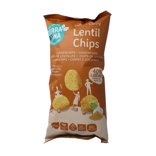 TerraSana Linzenchips Indian curry bio in 75g bag, crispy lentil chips with Indian curry flavor and salt, natural snack option.