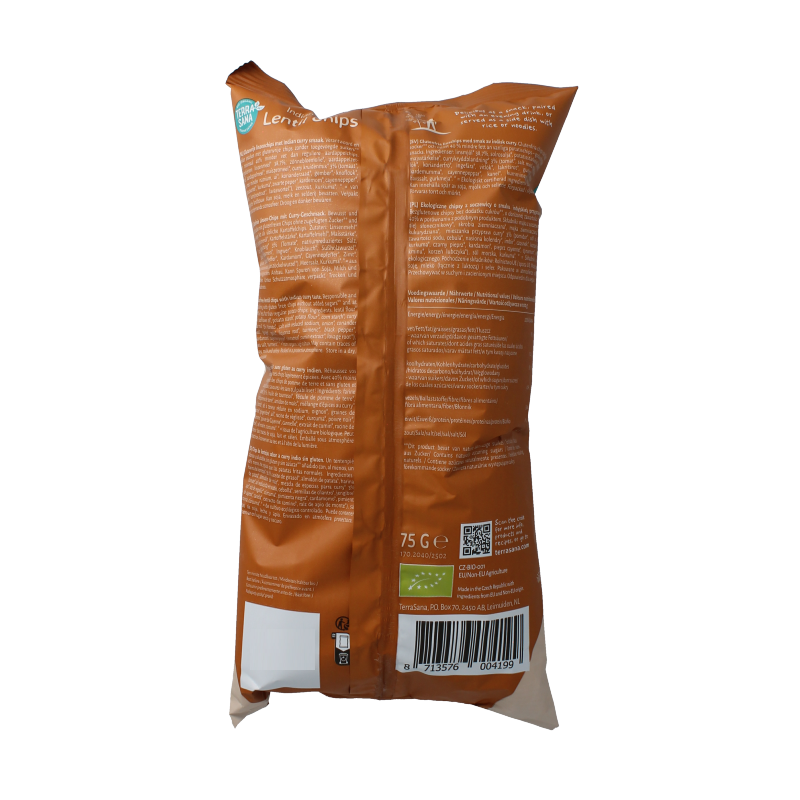 Organic TerraSana Indian Curry Lentil Chips in a 75g bag, featuring crispy lentil chips with Indian curry flavor.