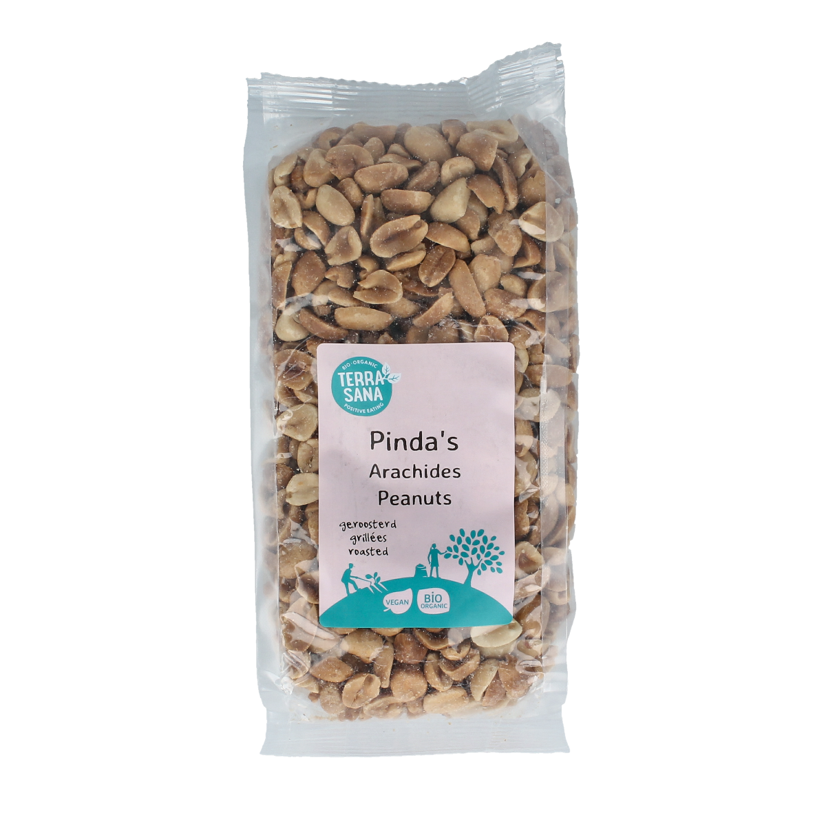 TerraSana Pinda zonder vlies en zout, biologische 250g snack, close-up of shelled, unsalted peanut kernels in a bowl
