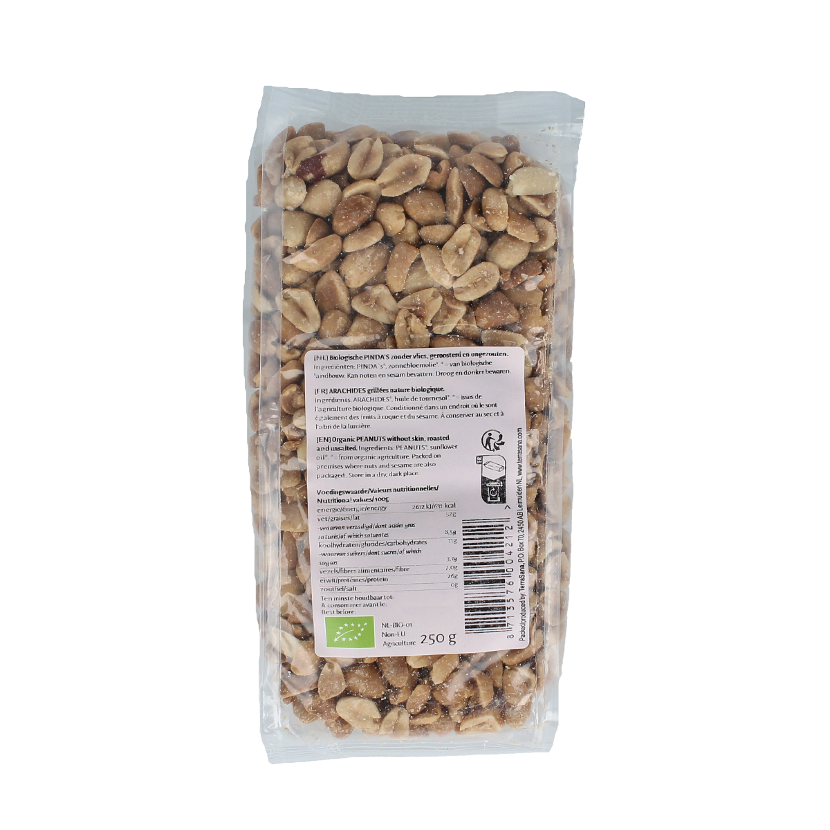 Organic TerraSana Pinda without skin and salt in 250g package, shown in the image with peanuts and packaging details.