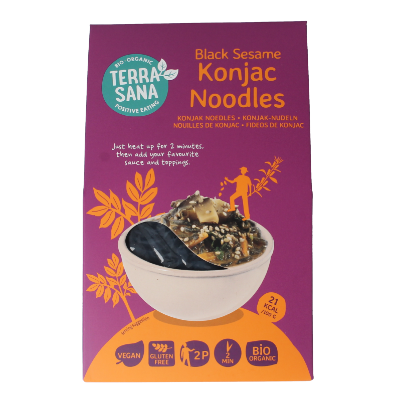 TerraSana Konjak noodles met zwarte sesam bio in 250 gram package, gluten-free pasta en rijst product.