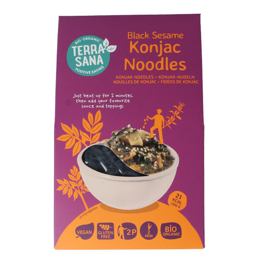 TerraSana Konjak noodles met zwarte sesam bio in 250 gram package, gluten-free pasta en rijst product.