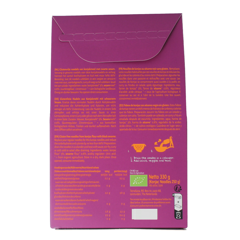Bio TerraSana Konjak noodles with black sesame, 250g, in a clear package showing dark konjac noodles with black sesame seeds.