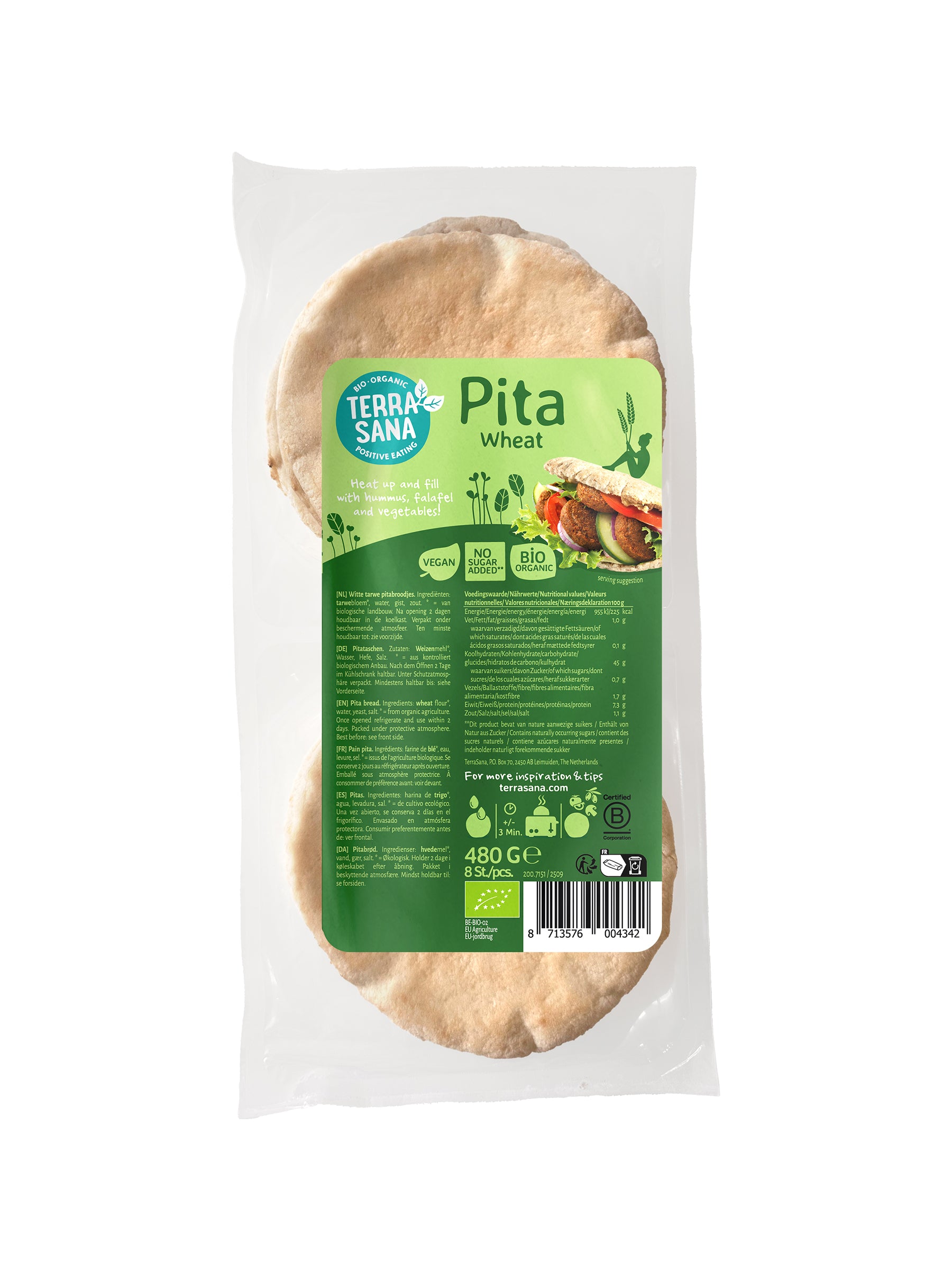 TerraSana organic wheat pita bread in 480g package, fresh and whole, suitable for sandwiches and snacks.
