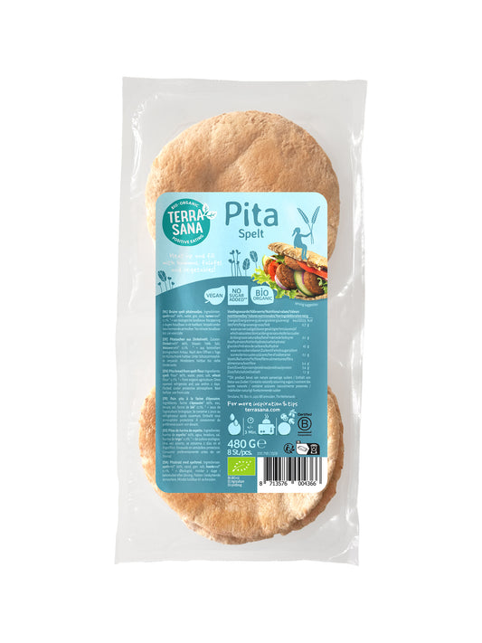 Organic TerraSana Pitabrood spelt bread in 480g package, featuring fresh, whole spelt flour for healthy sandwiches and snacks.