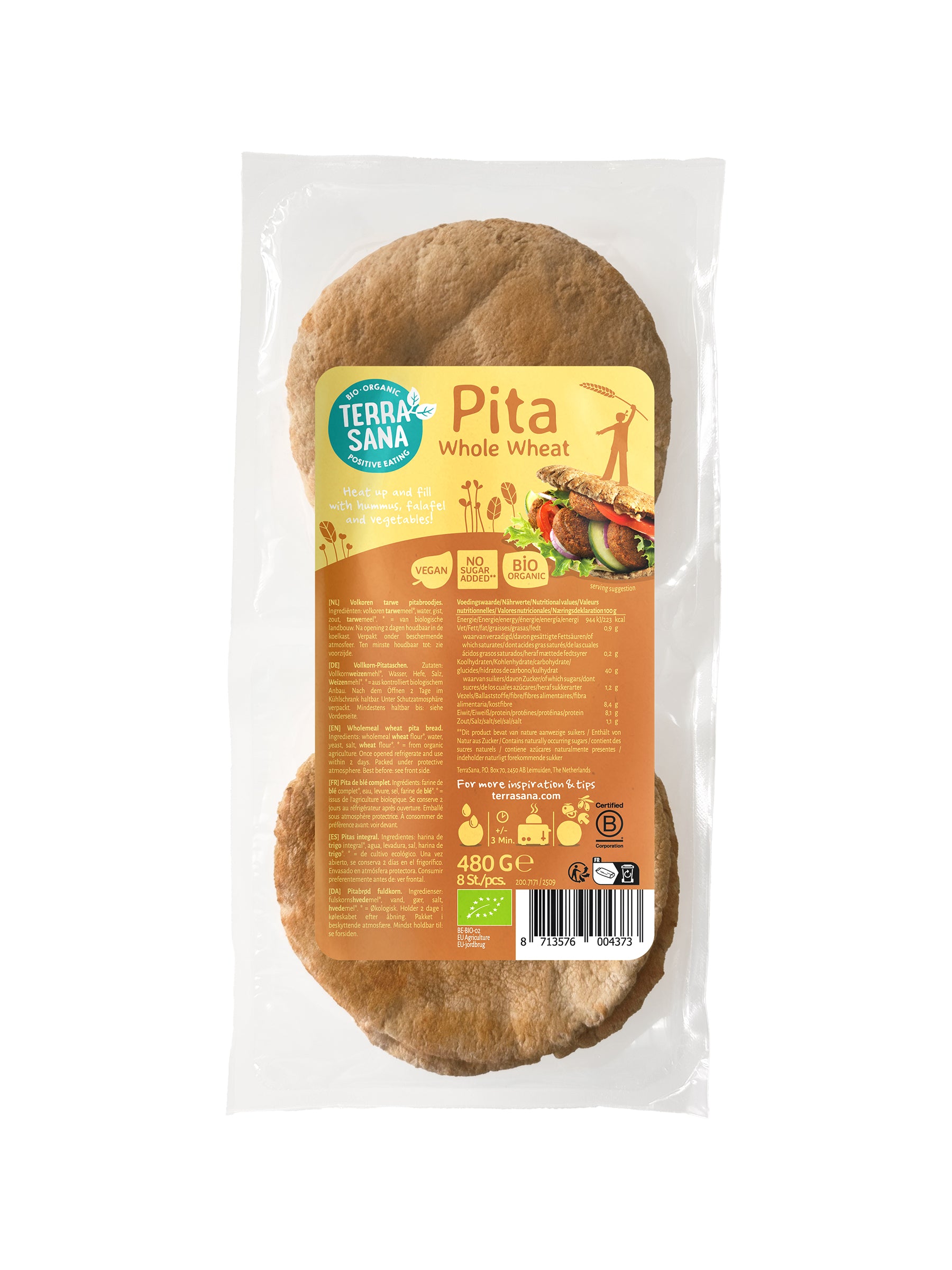 Whole grain organic TerraSana Pitabrood bread on a white background, showcasing the 480g package of volkoren pita bread.