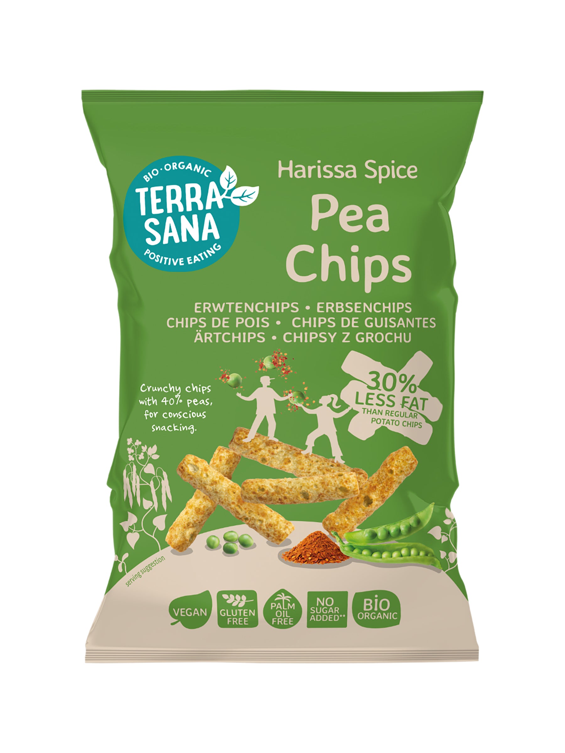 TerraSana Erwtenchips haris bio in a 75g bag, showing crispy green pea chips with natural texture and branding.