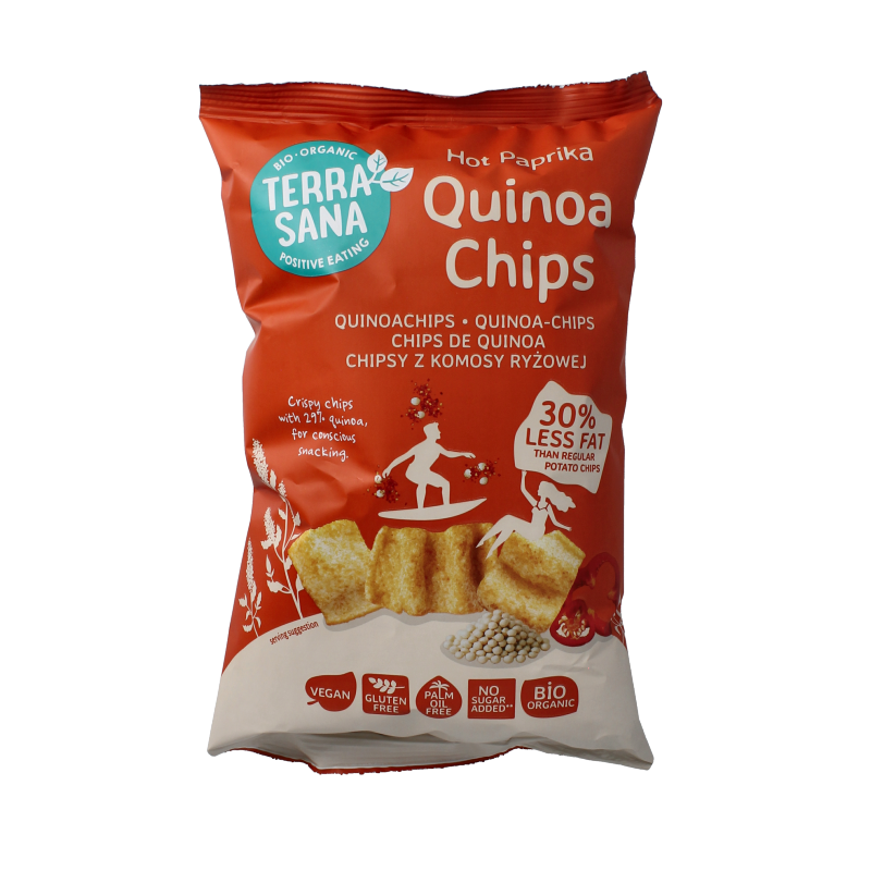 TerraSana Quinoa Chips Hot Paprika bio 75g, crispy natural chips with spicy paprika flavor, in a clear package.